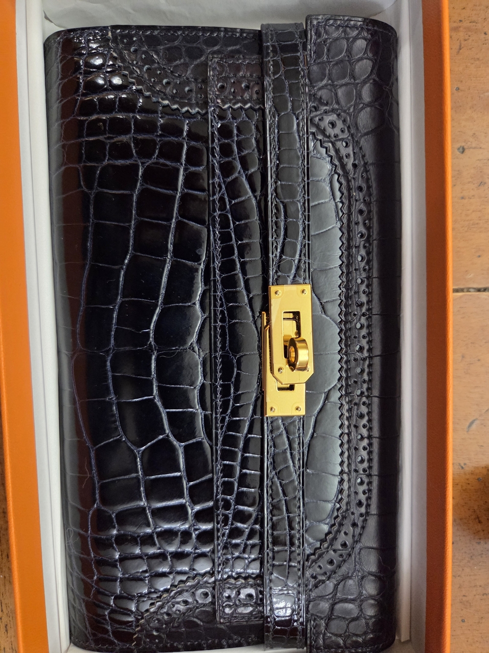 Hermes Black Crocodile Leather Clutch with Gold Hardware